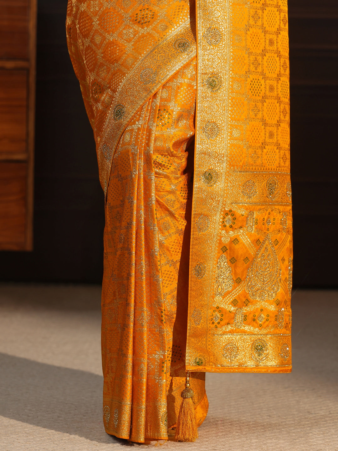  Libas Art Mustard Stone Work Embellished Satin Saree 