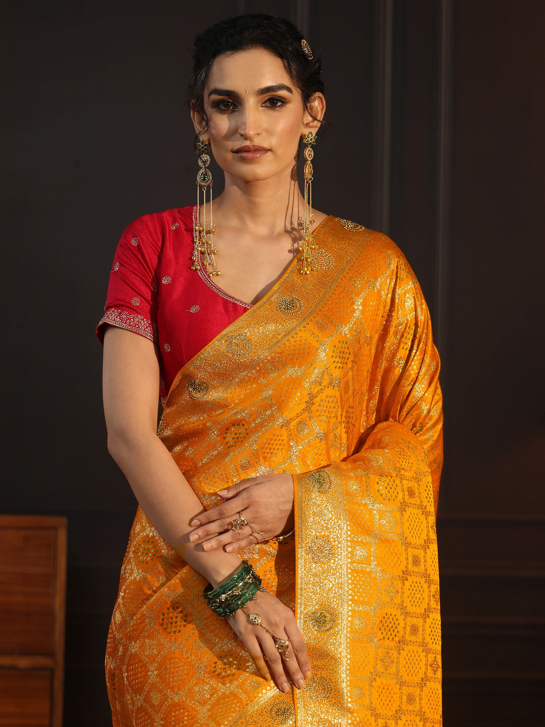  Libas Art Mustard Stone Work Embellished Satin Saree 
