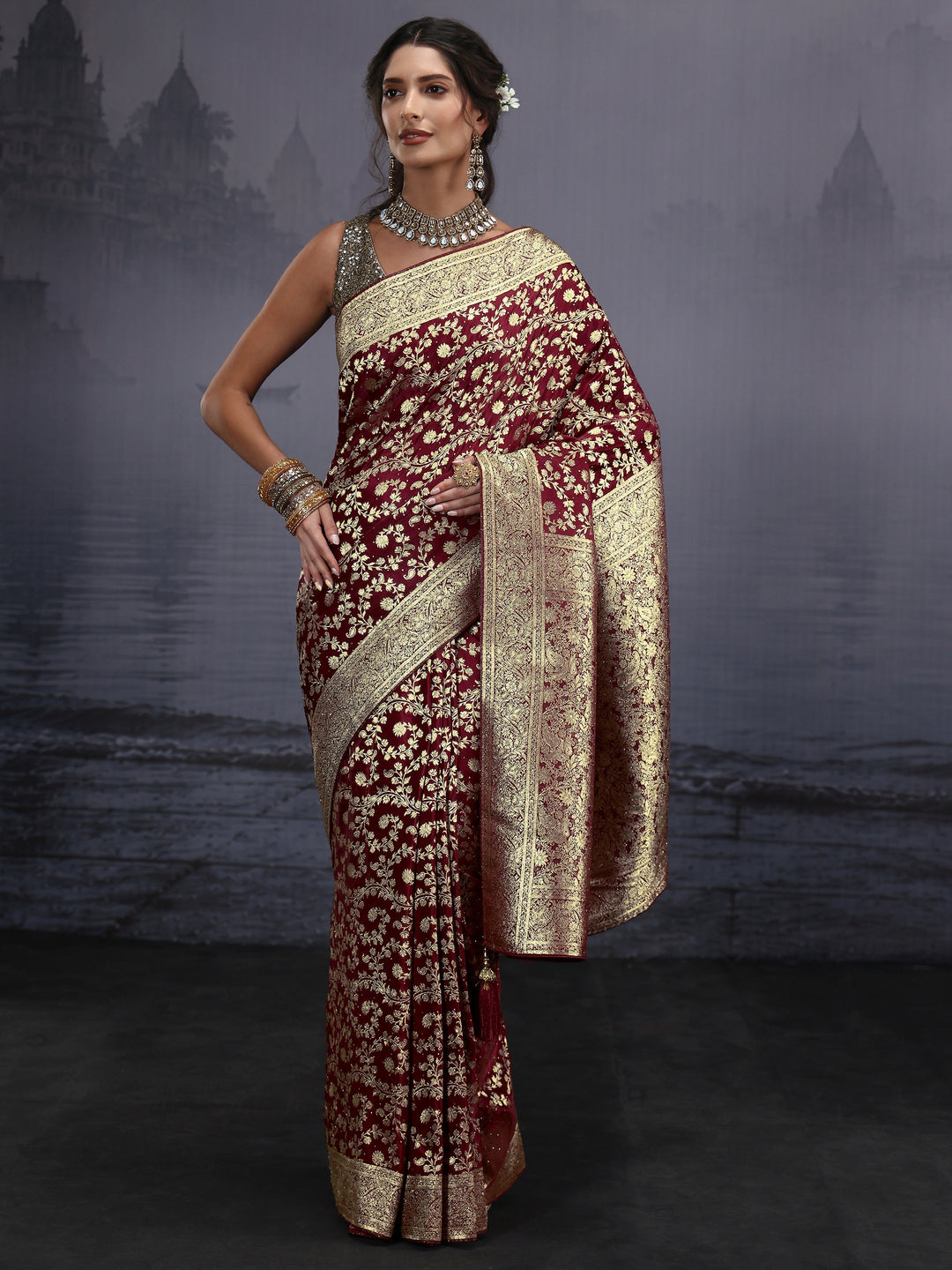  Libas Maroon Banarasi Brocade Saree 