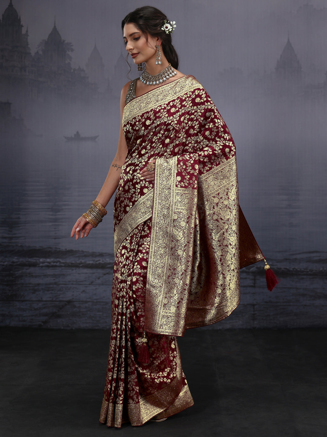  Libas Maroon Banarasi Brocade Saree 