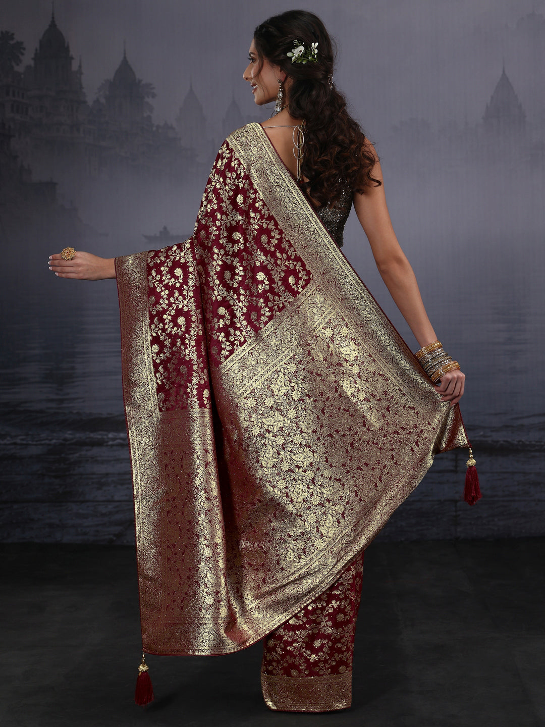  Libas Maroon Banarasi Brocade Saree 