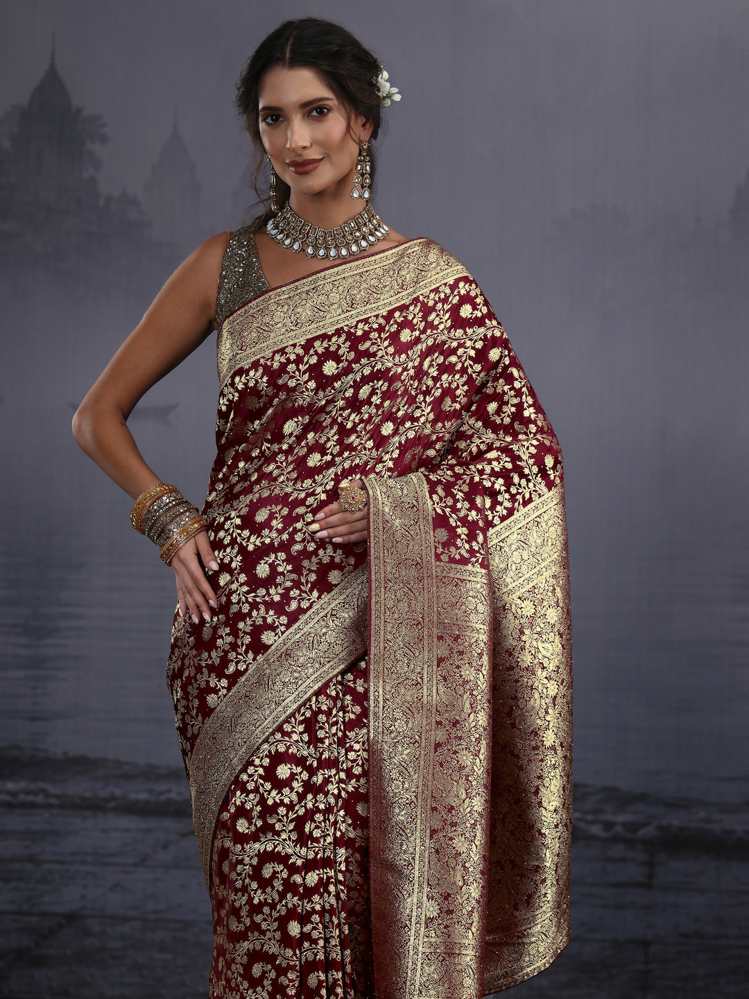  Libas Maroon Banarasi Brocade Saree 