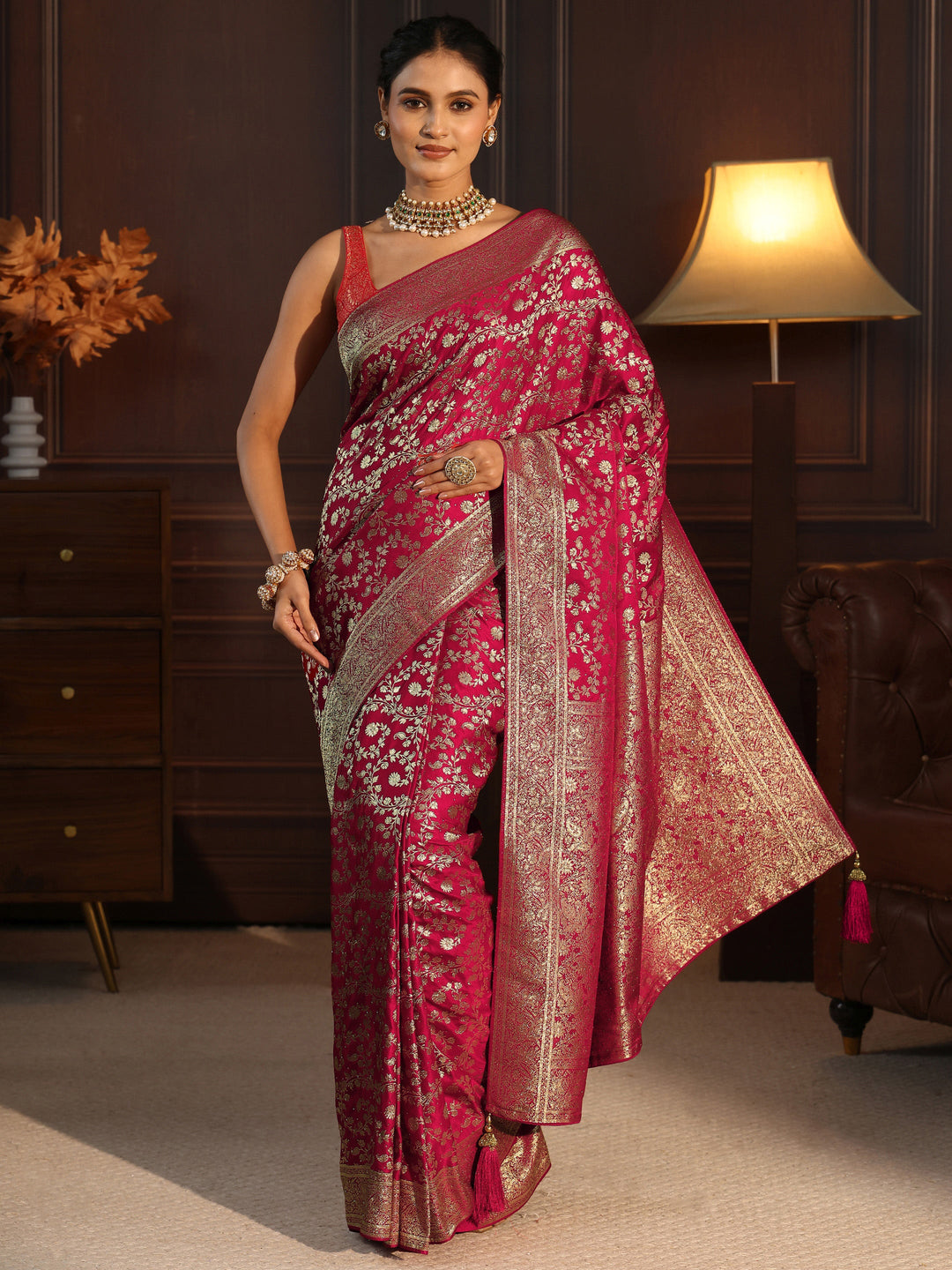  Libas Red Floral Woven Design Brocade Saree 