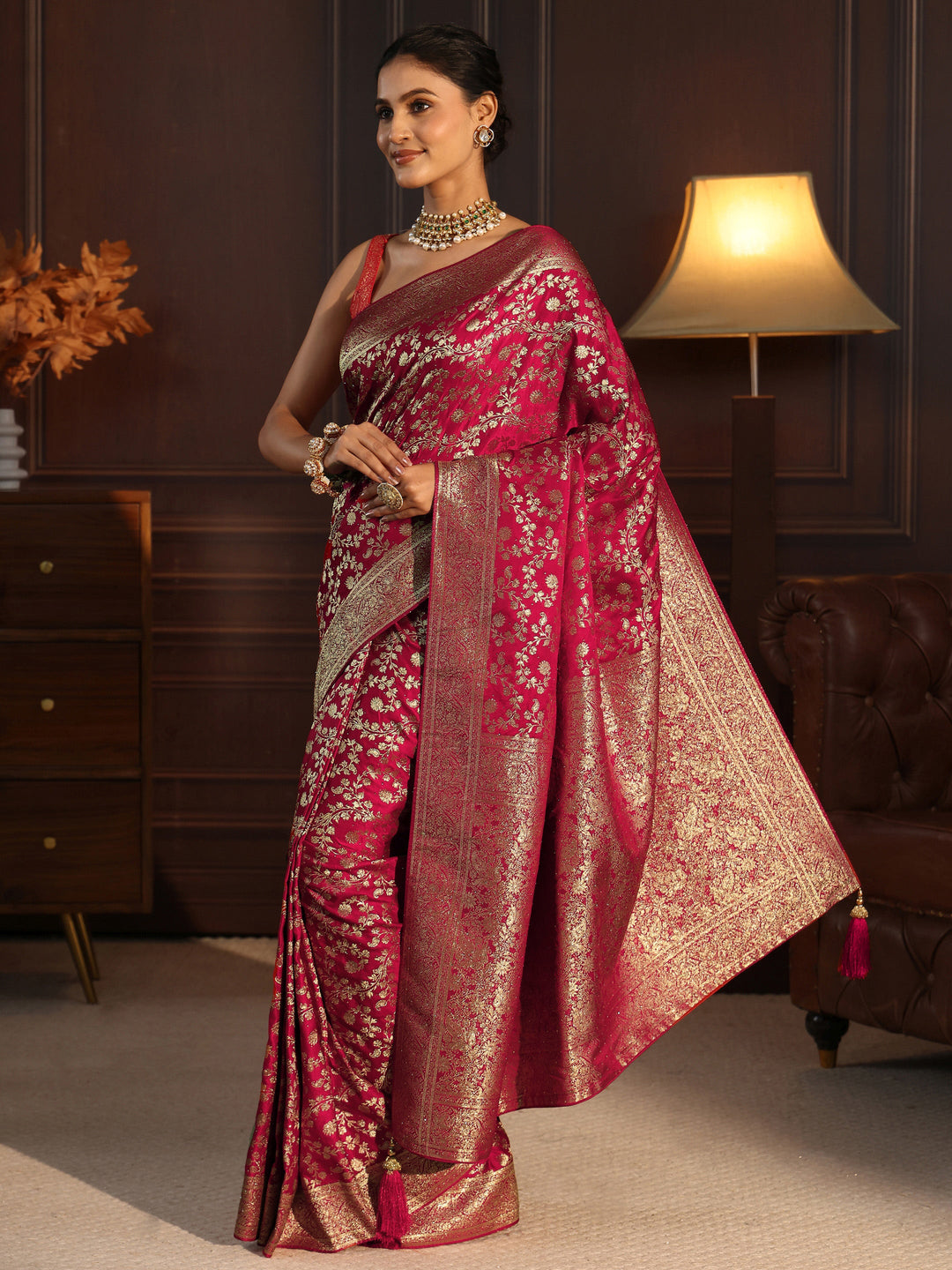  Libas Red Floral Woven Design Brocade Saree 