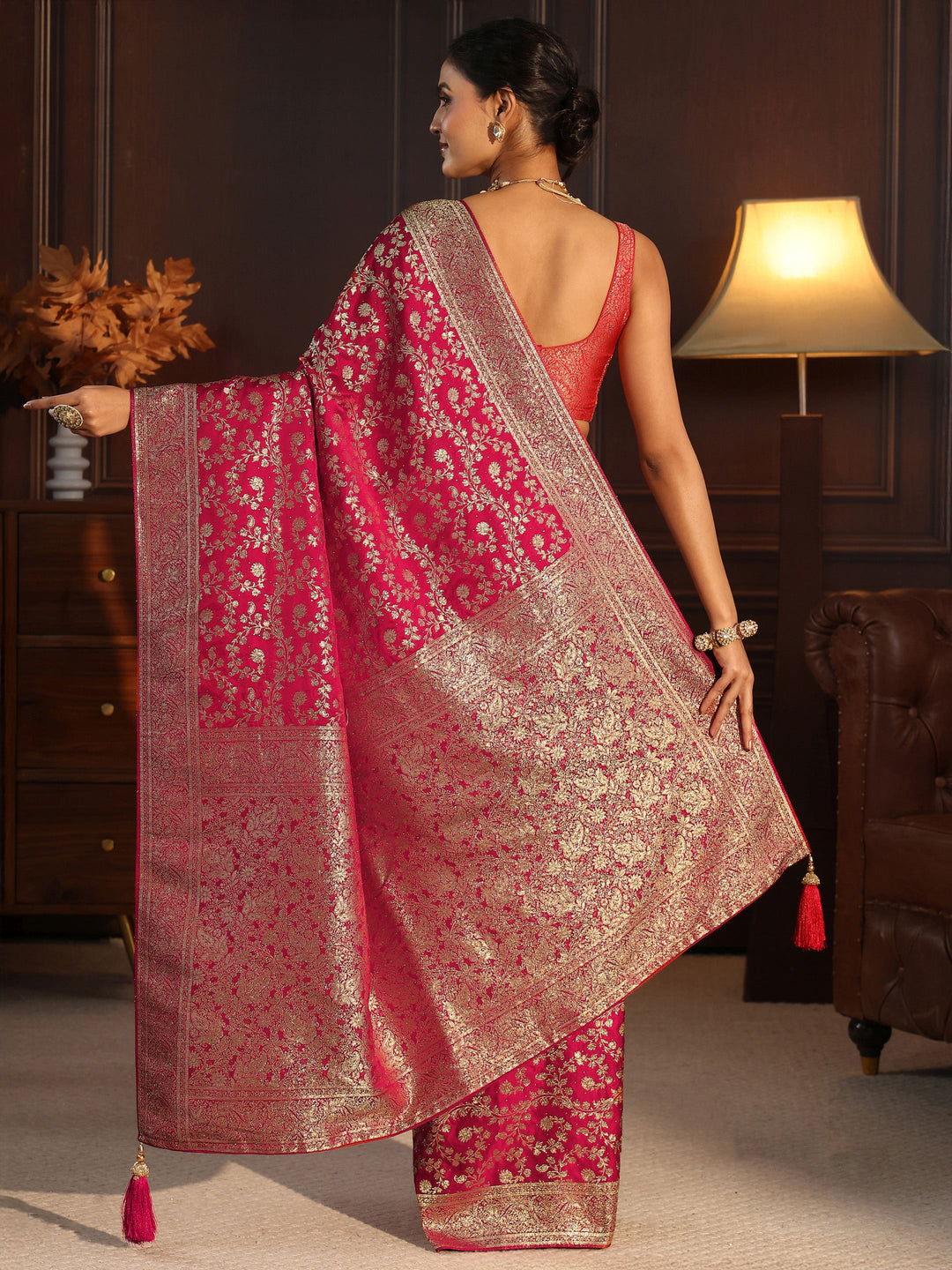  Libas Red Floral Woven Design Brocade Saree 