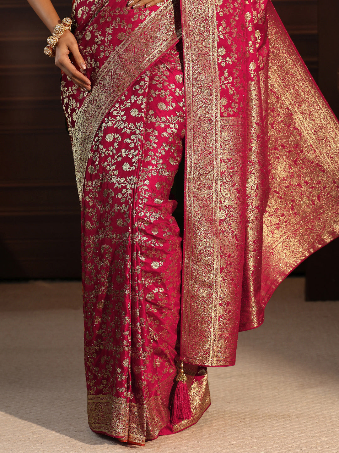  Libas Red Floral Woven Design Brocade Saree 