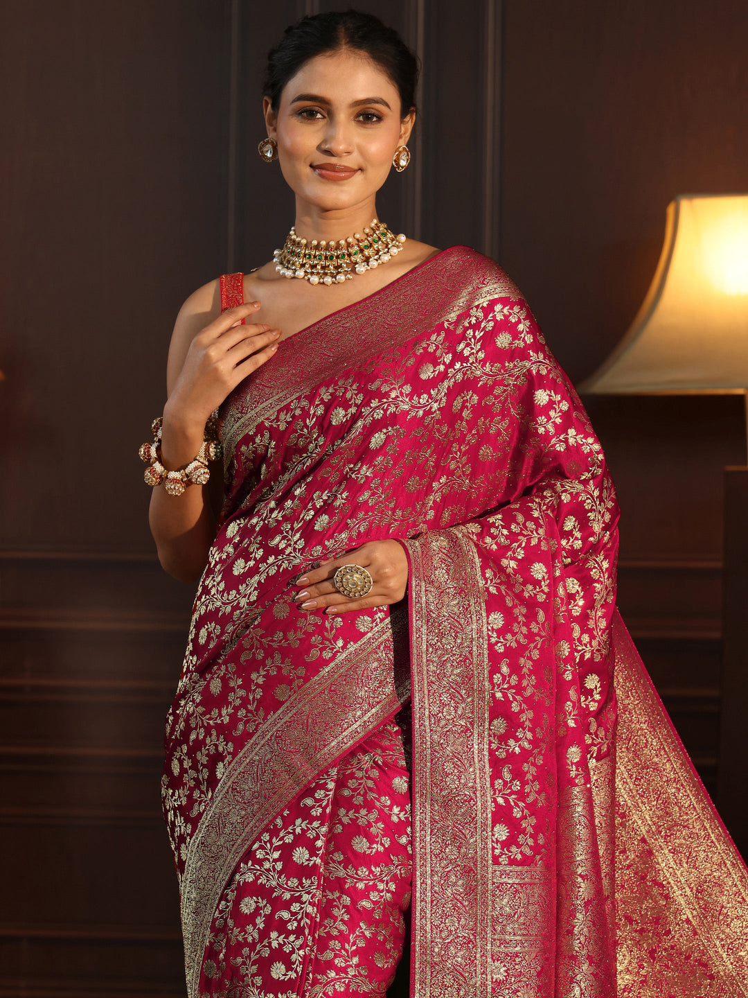  Libas Red Floral Woven Design Brocade Saree 