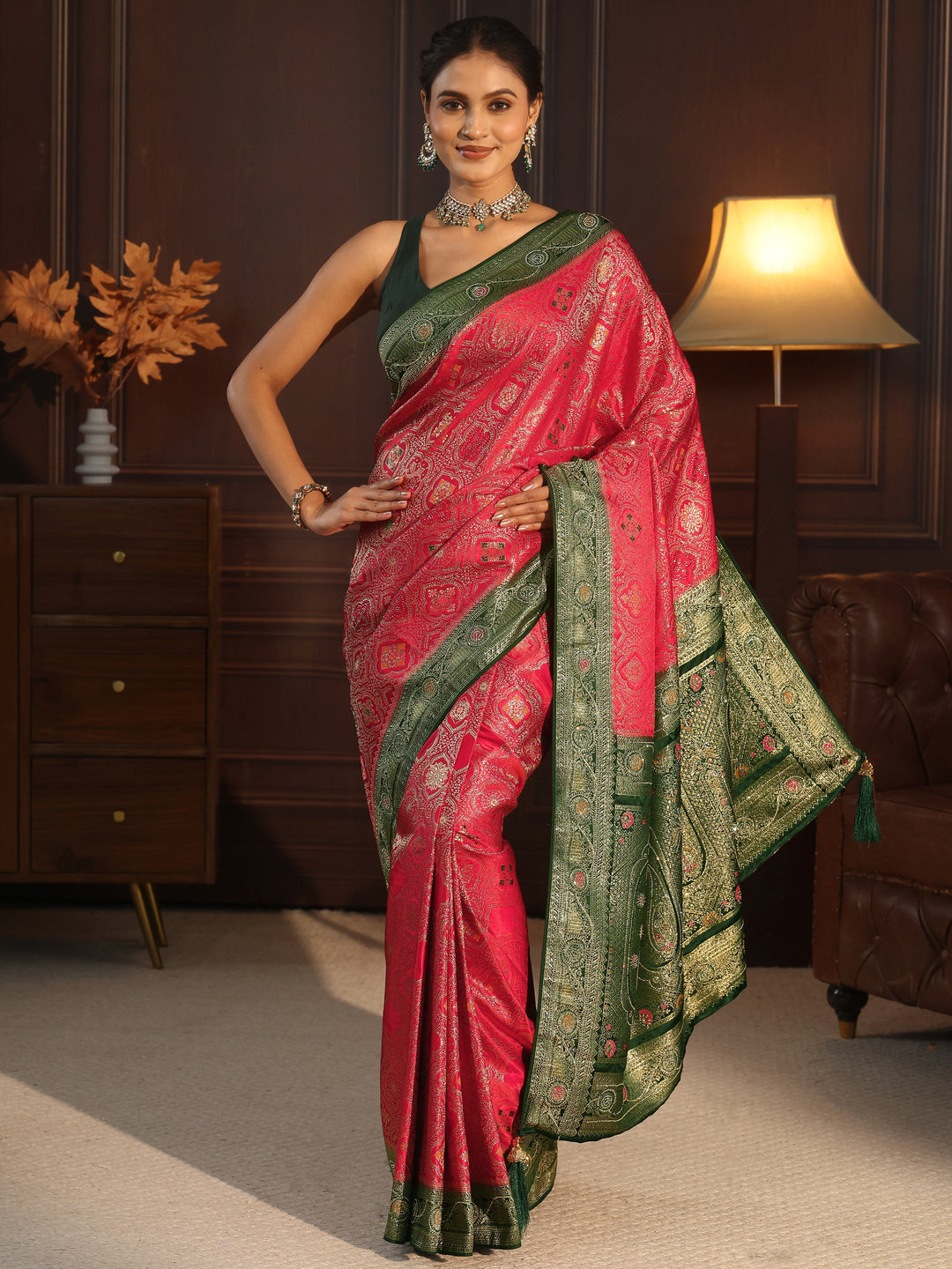  Libas Red and Green Woven Design Silk Blend Saree 