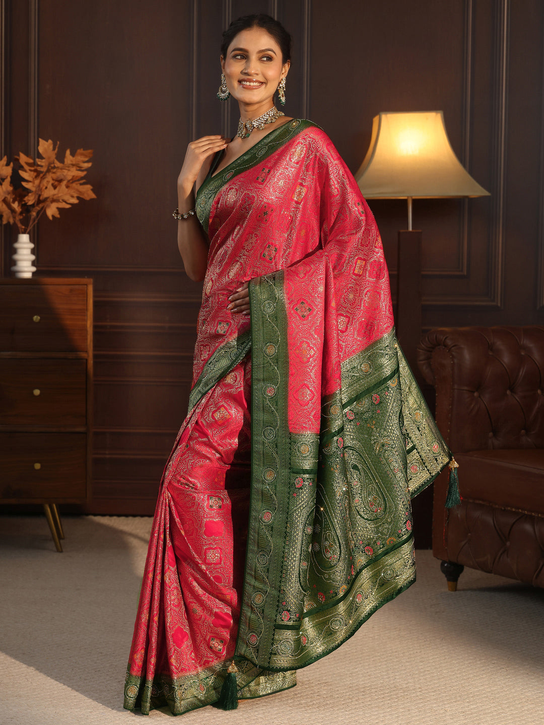  Libas Red and Green Woven Design Silk Blend Saree 