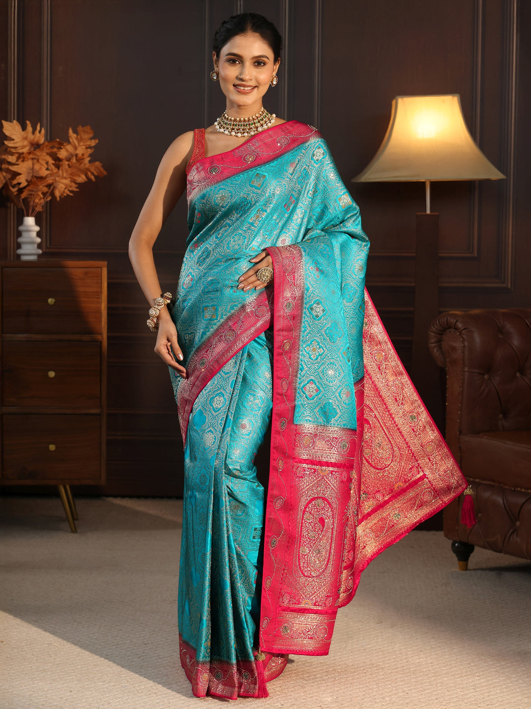  Libas Aqua Blue and Pink Woven Design Silk Blend Saree 