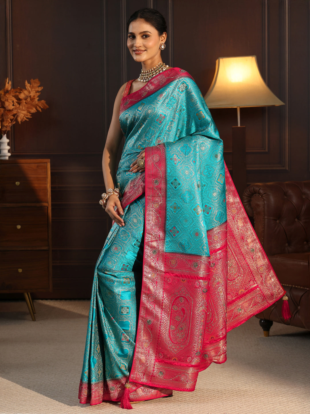  Libas Aqua Blue and Pink Woven Design Silk Blend Saree 