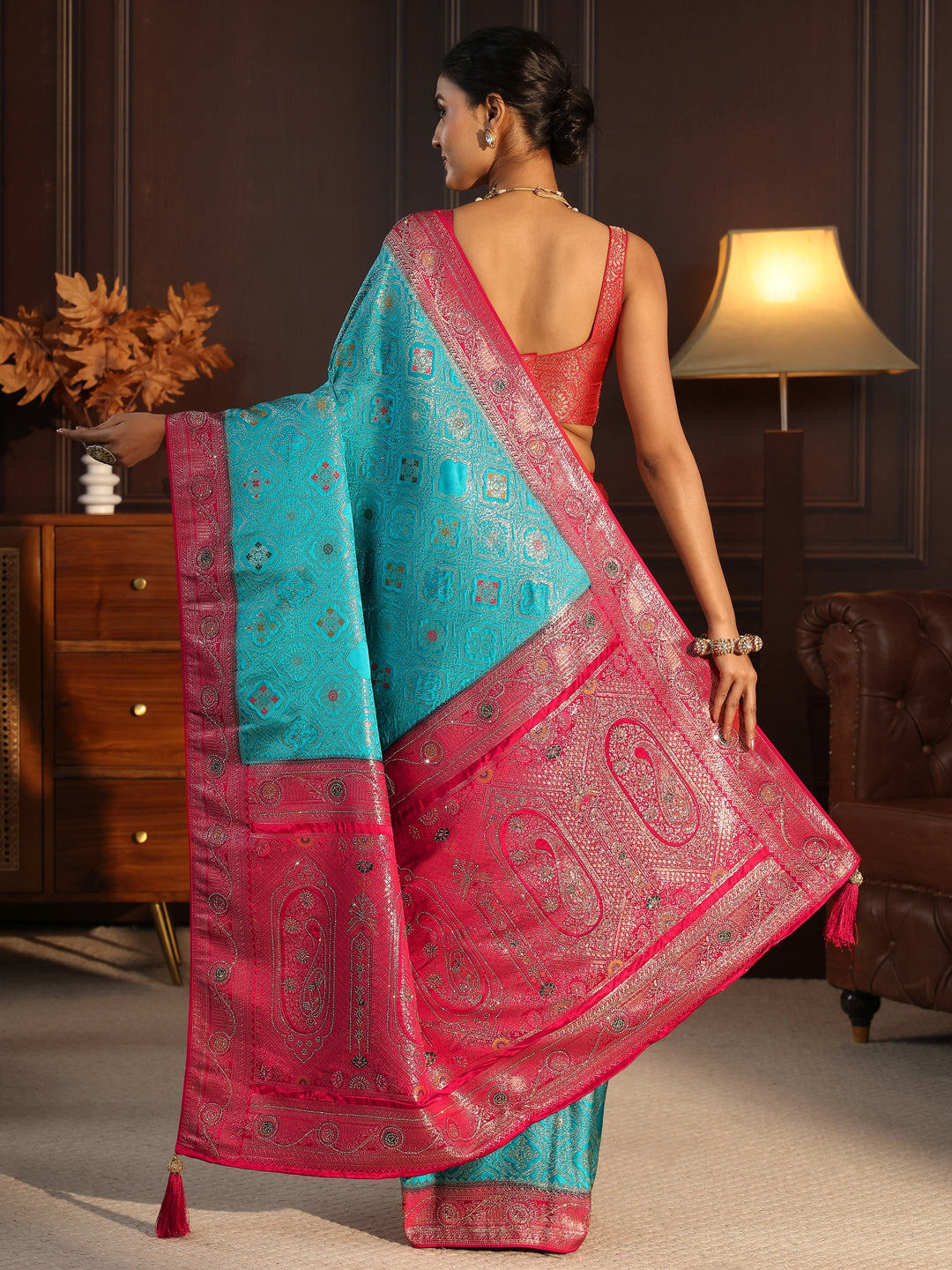  Libas Aqua Blue and Pink Woven Design Silk Blend Saree 