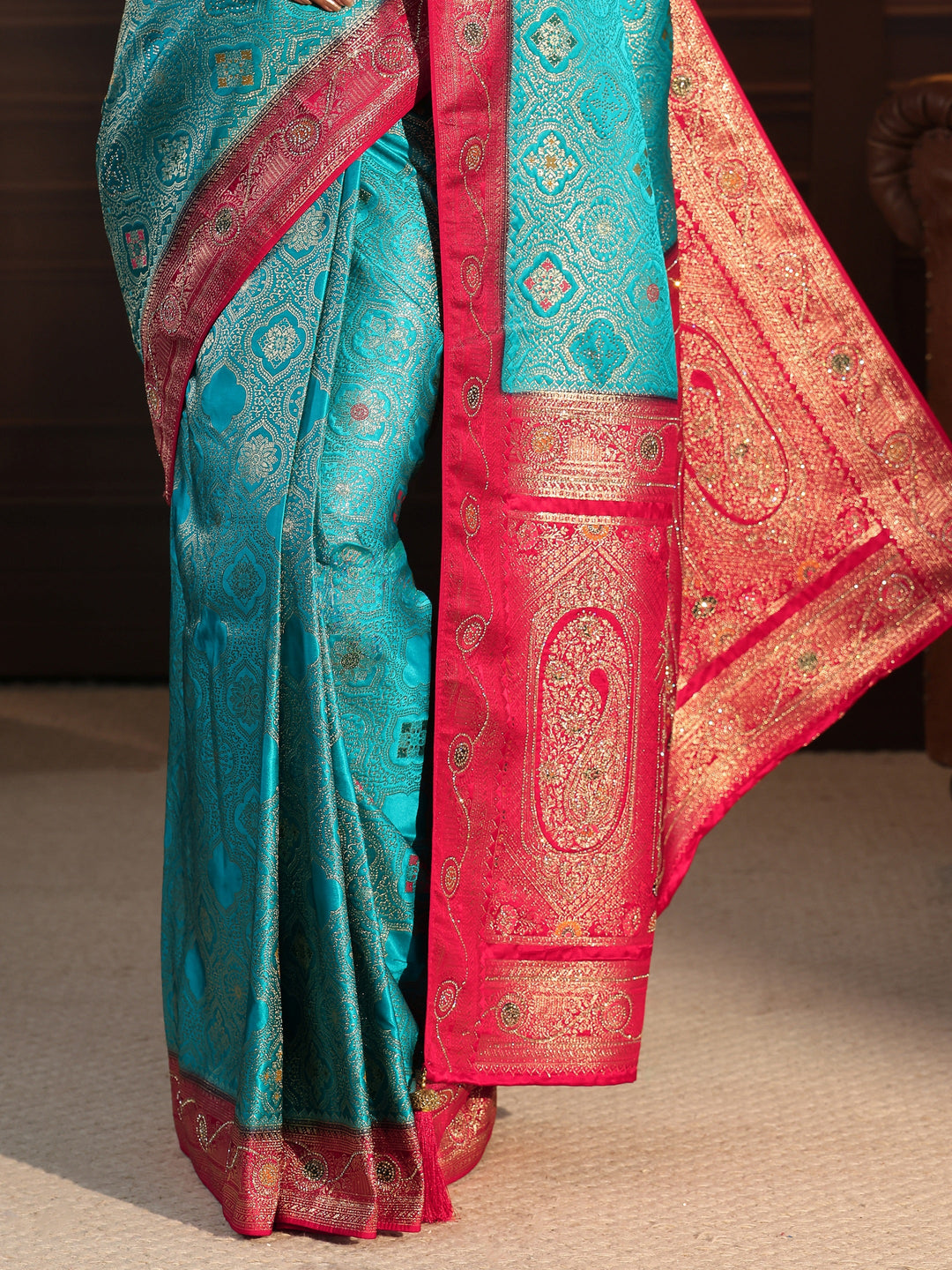  Libas Aqua Blue and Pink Woven Design Silk Blend Saree 