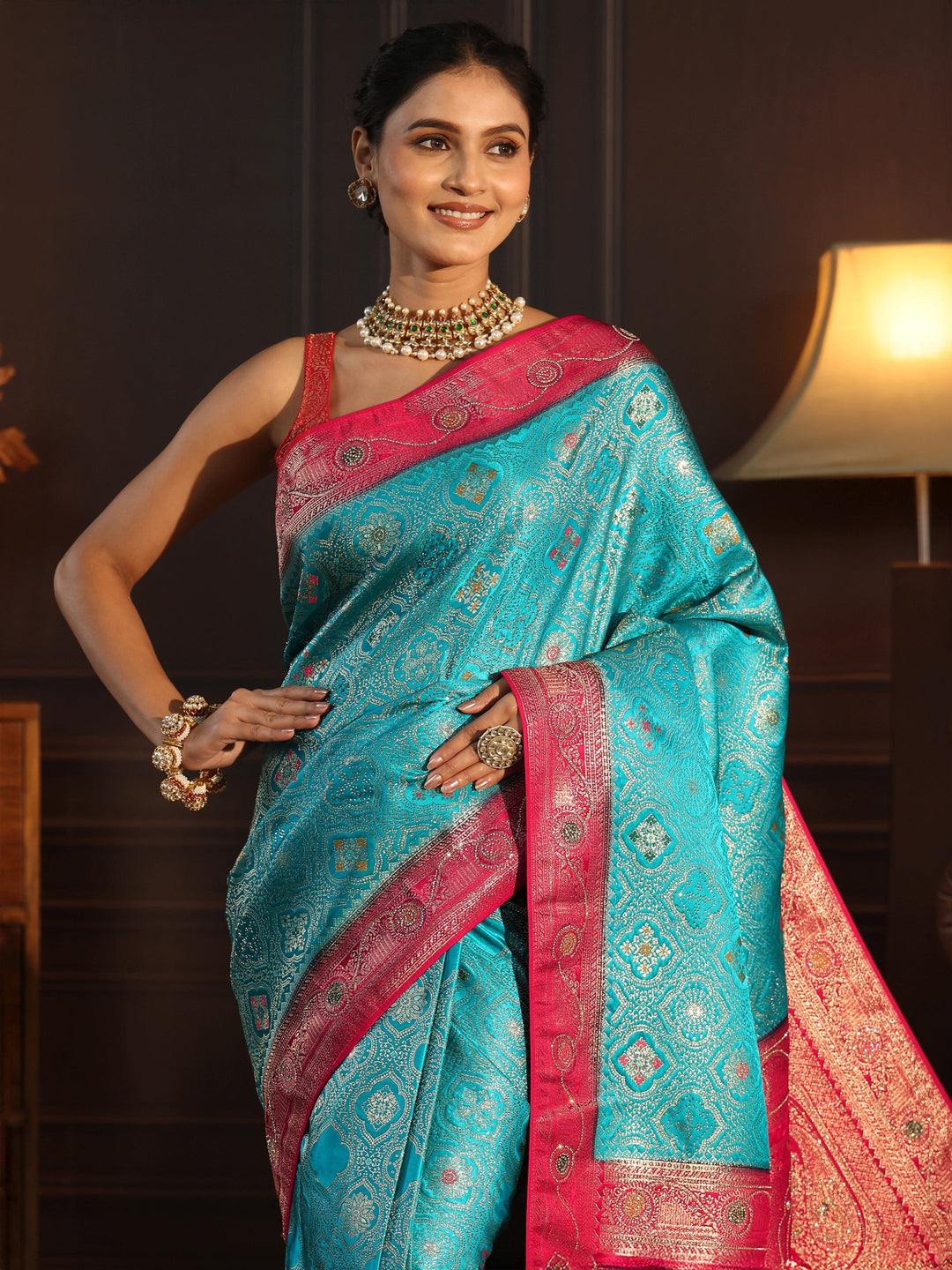  Libas Aqua Blue and Pink Woven Design Silk Blend Saree 