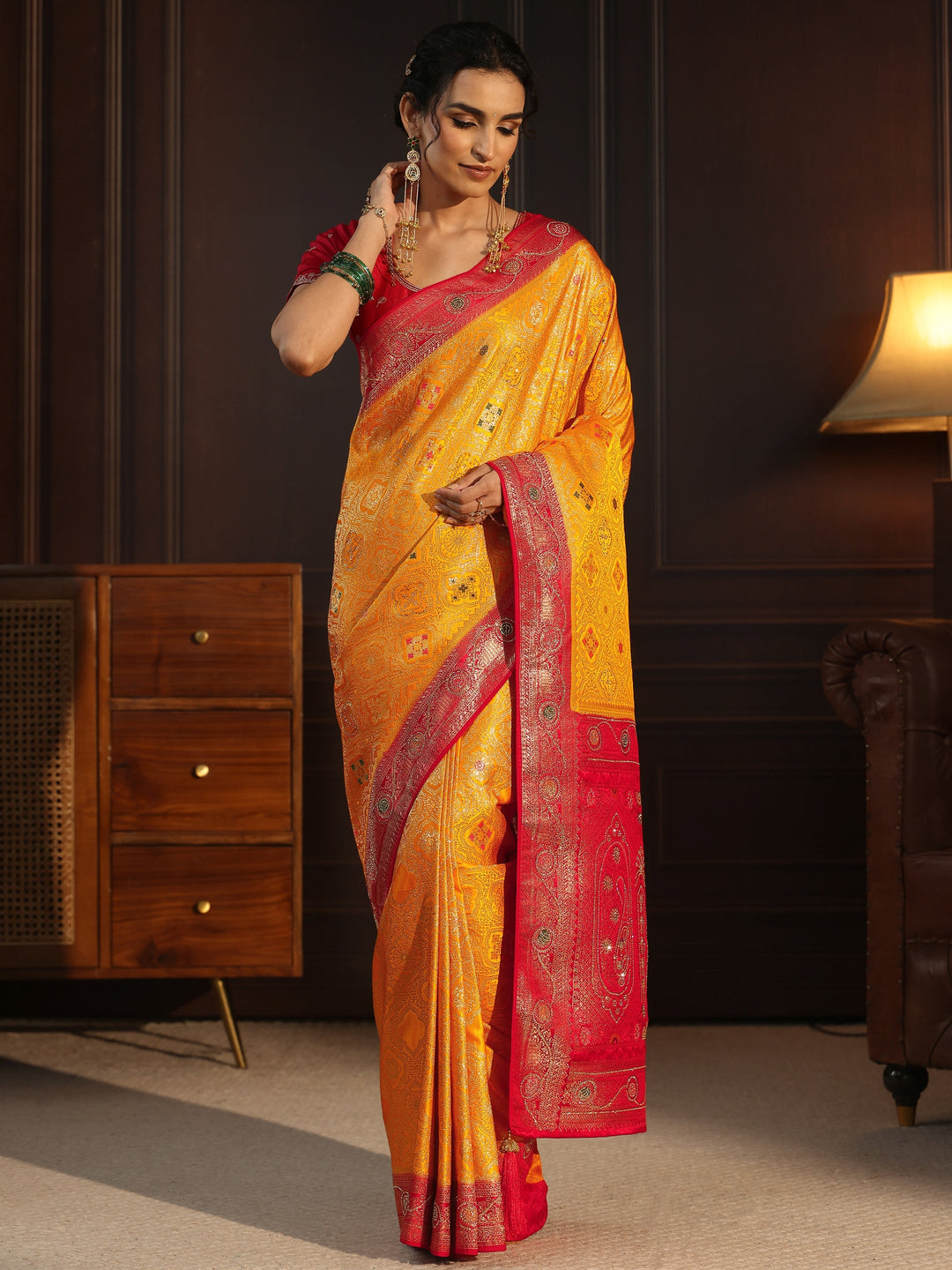  Libas Mustard and Red Ethnic Woven Design Silk Blend Saree 