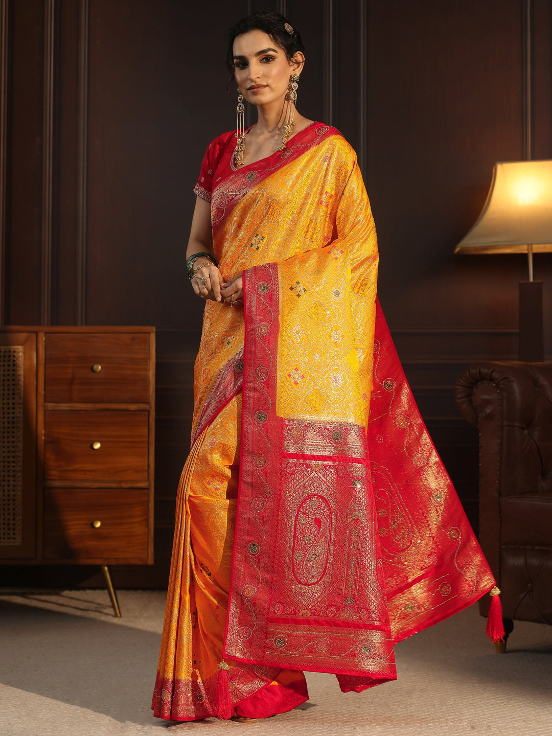  Libas Mustard and Red Ethnic Woven Design Silk Blend Saree 