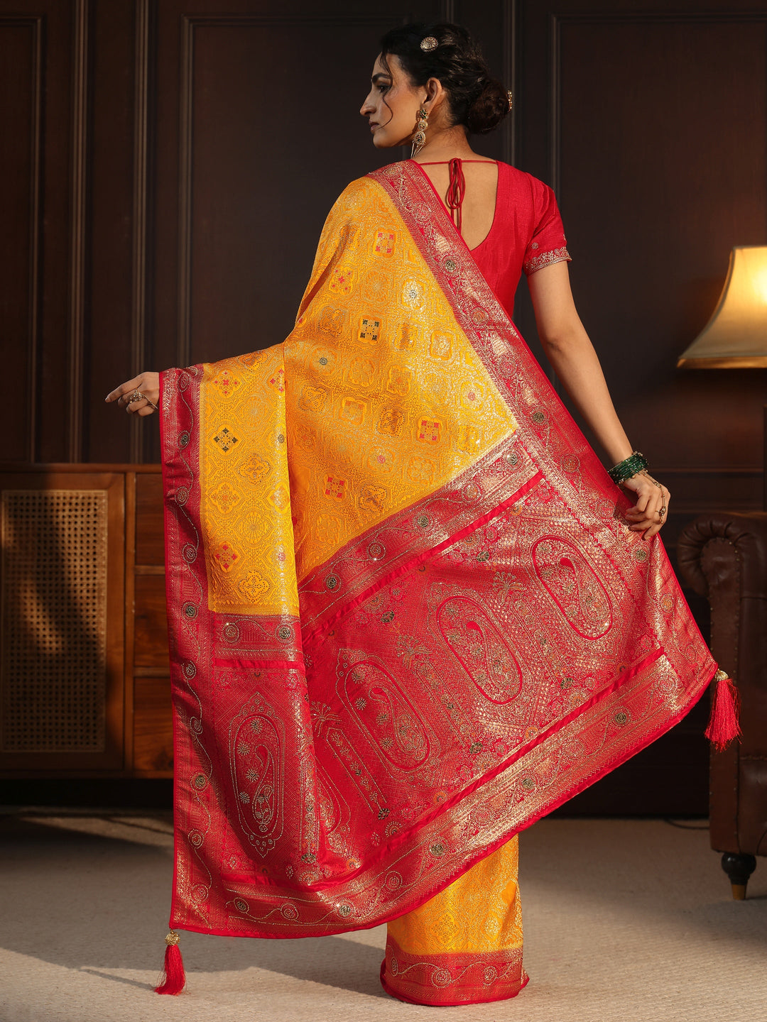  Libas Mustard and Red Ethnic Woven Design Silk Blend Saree 