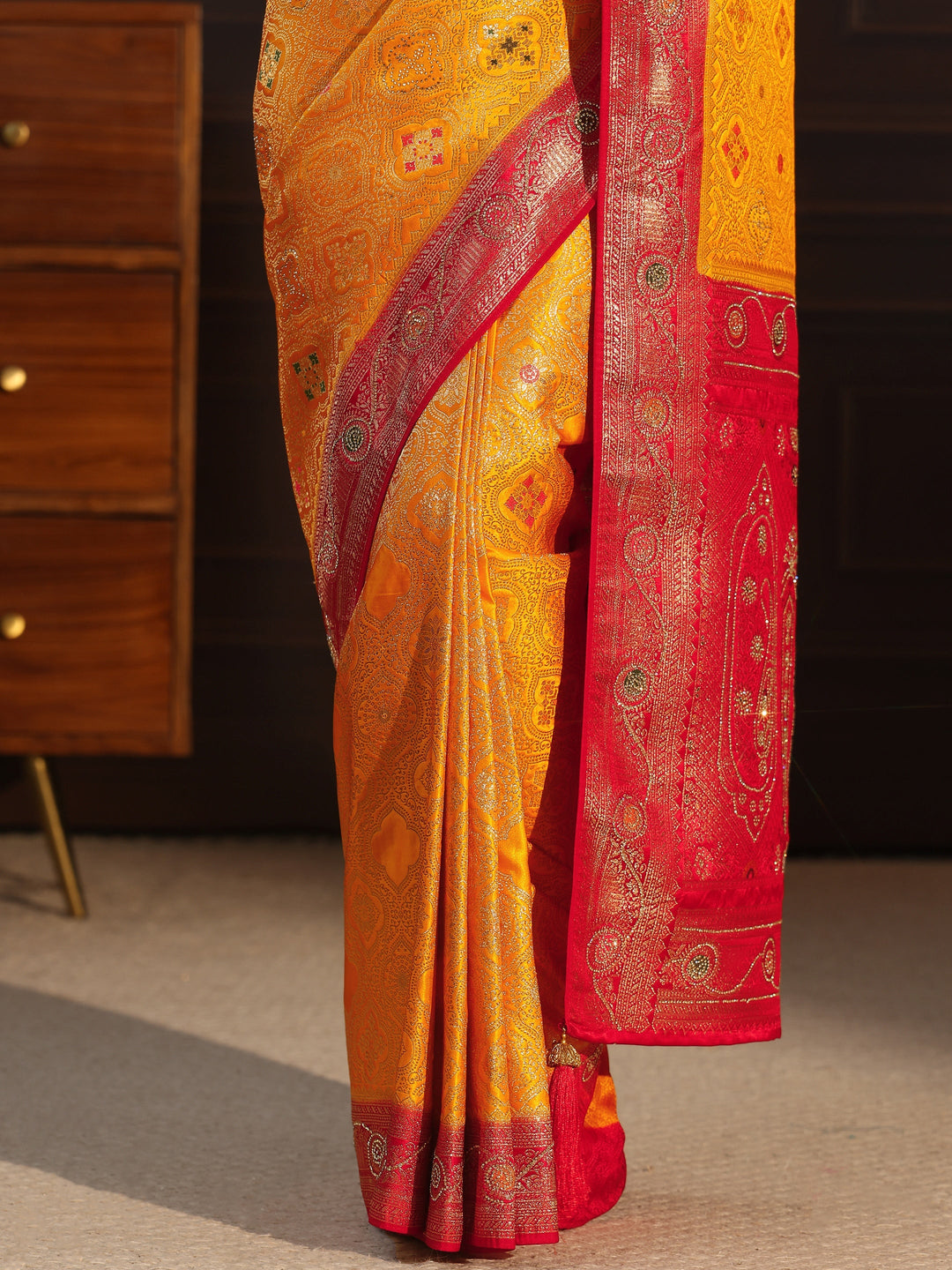  Libas Mustard and Red Ethnic Woven Design Silk Blend Saree 
