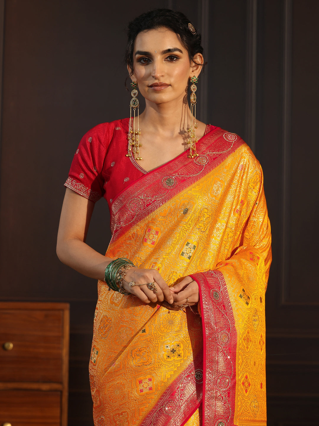  Libas Mustard and Red Ethnic Woven Design Silk Blend Saree 