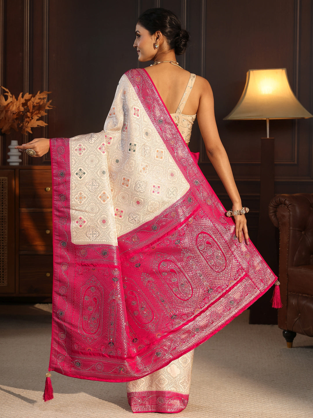  Libas Cream and Red Woven Design Silk Blend Saree 