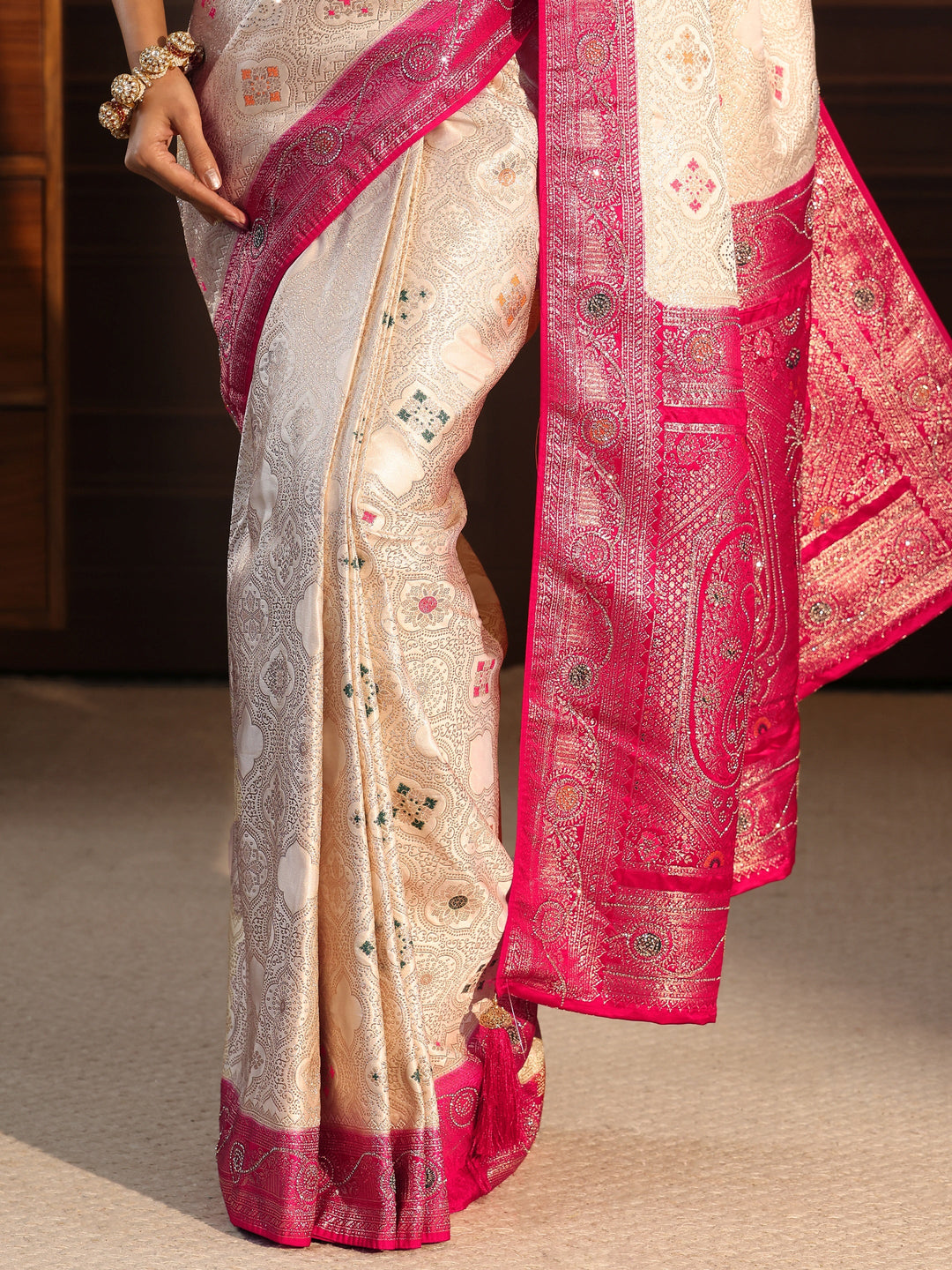  Libas Cream and Red Woven Design Silk Blend Saree 
