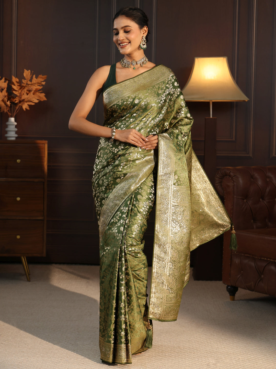  Libas Leaf Green Floral Woven Design Brocade Saree 