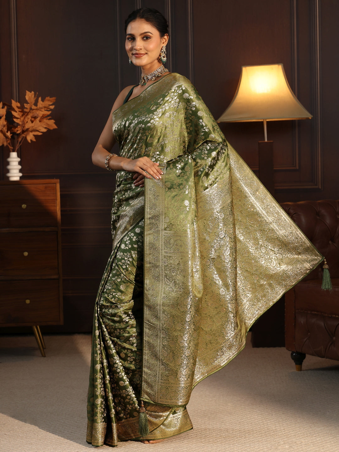  Libas Leaf Green Floral Woven Design Brocade Saree 