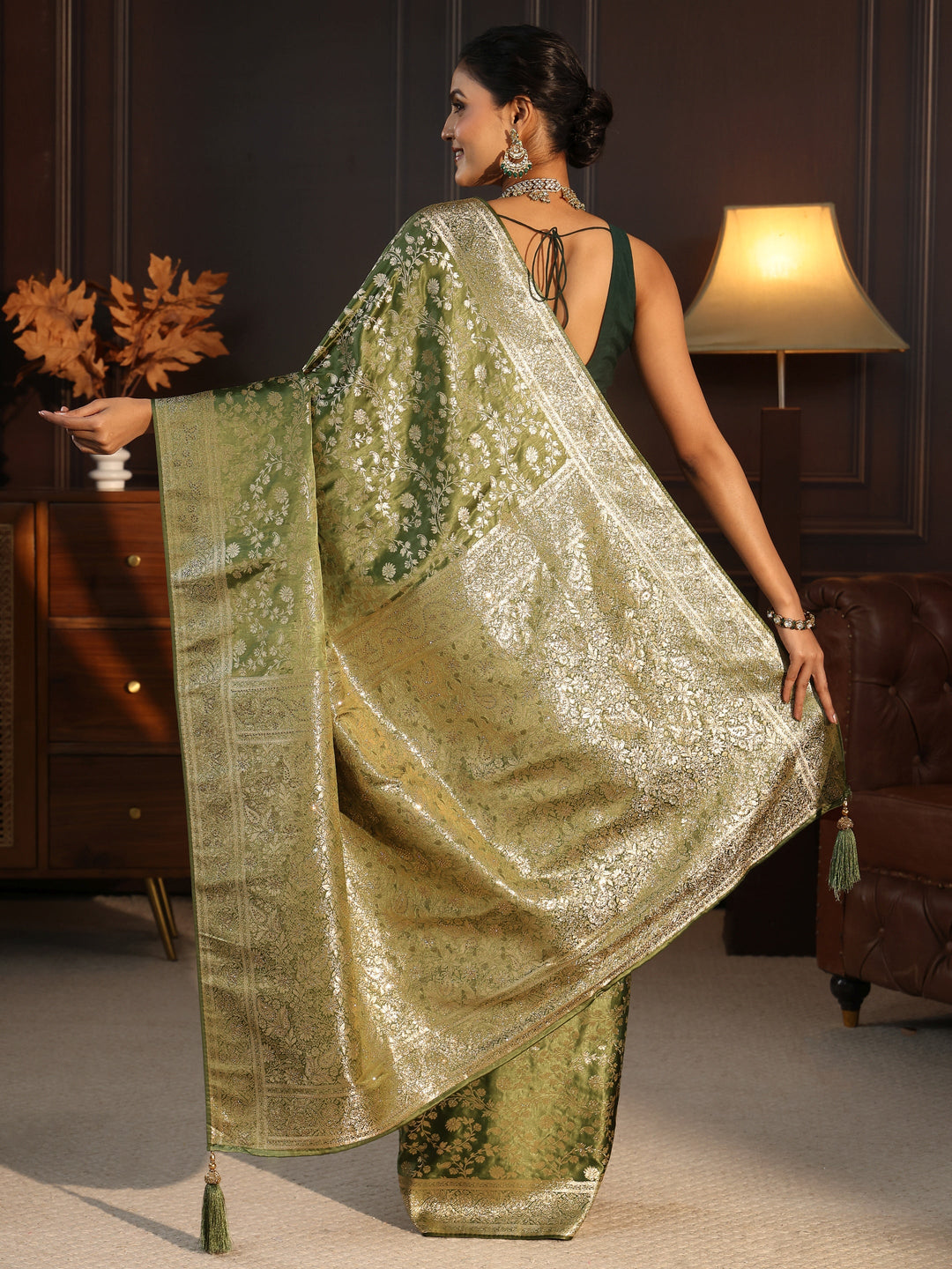  Libas Leaf Green Floral Woven Design Brocade Saree 