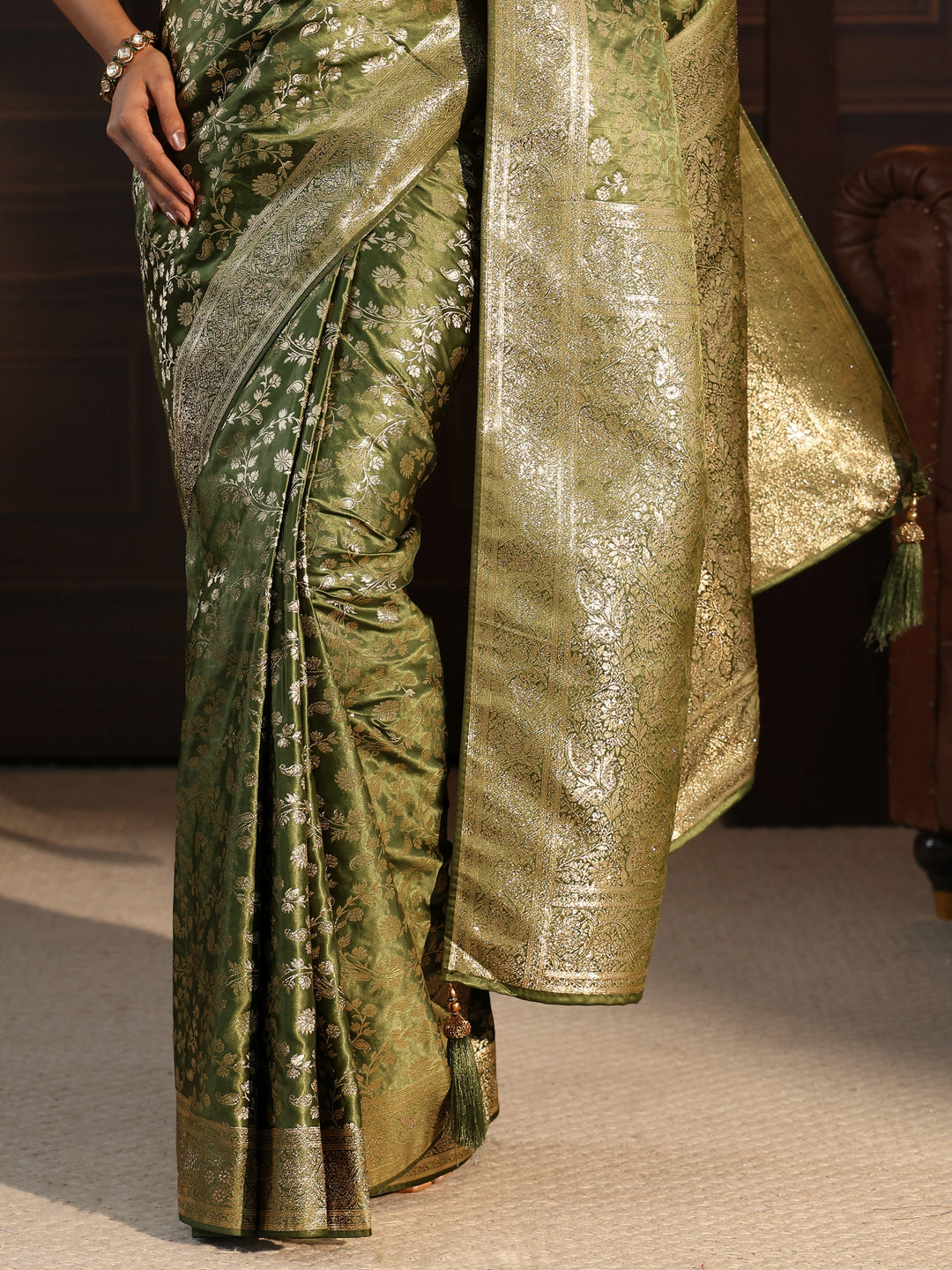  Libas Leaf Green Floral Woven Design Brocade Saree 