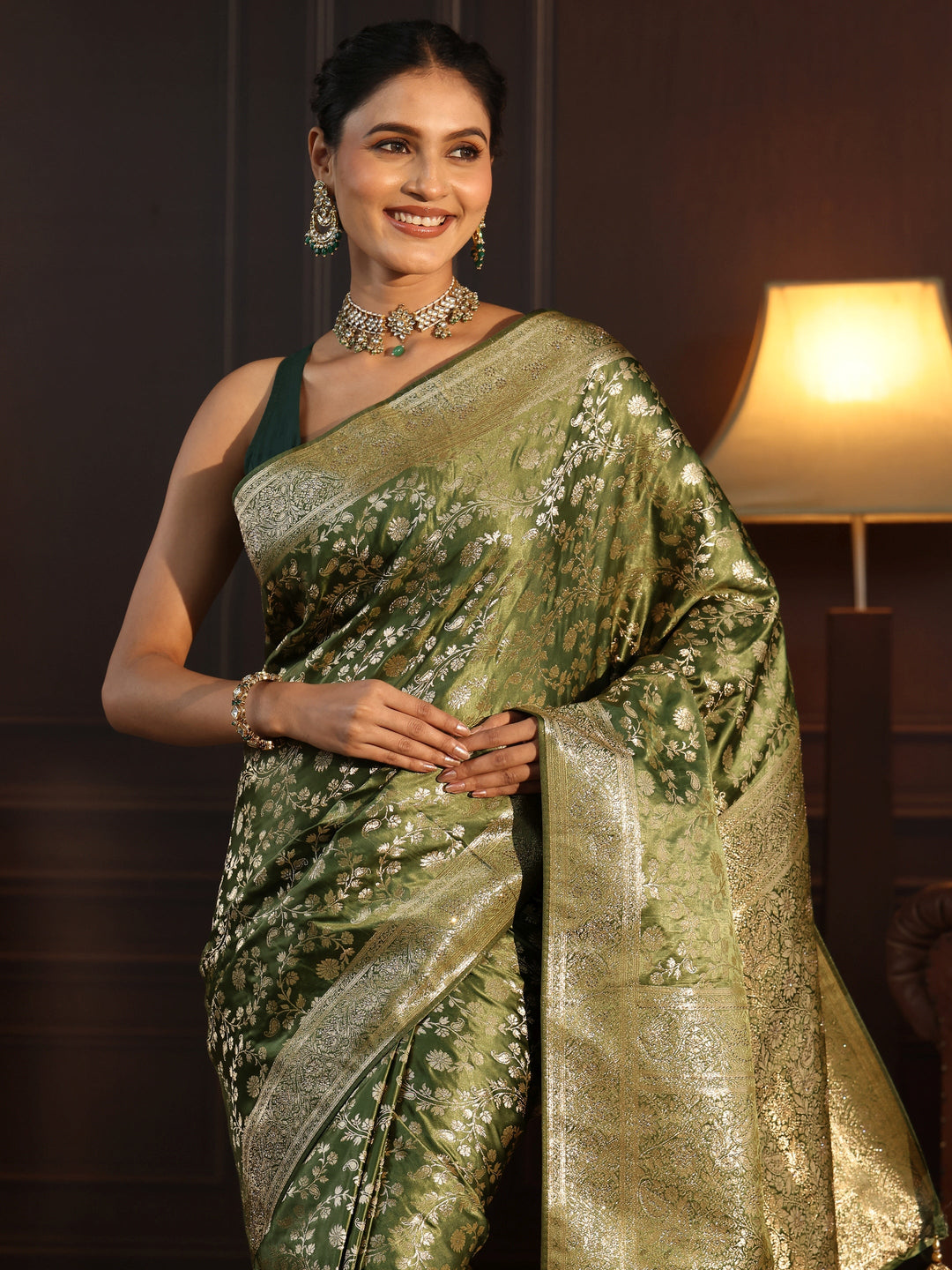  Libas Leaf Green Floral Woven Design Brocade Saree 