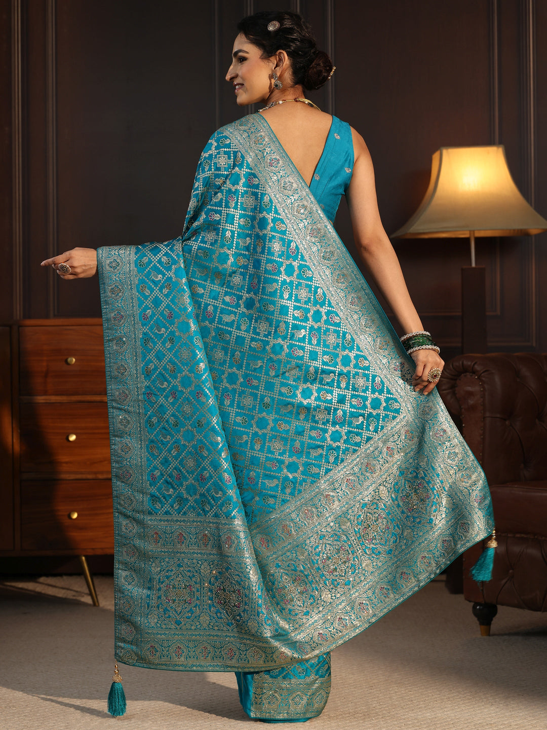  Libas Aqua Blue Patola Style Embellished Silk Blend Saree 