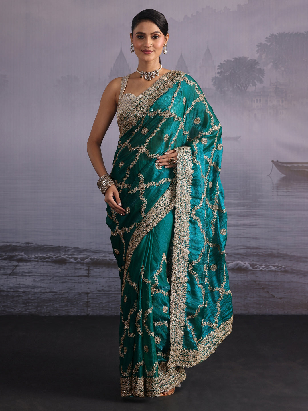  Libas Art Aqua Green Embroidered Tissue Saree 