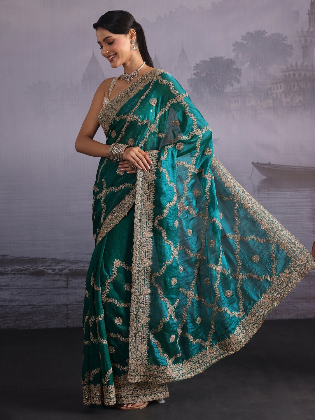  Libas Art Aqua Green Embroidered Tissue Saree 