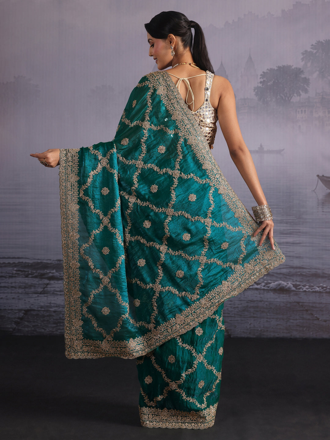  Libas Art Aqua Green Embroidered Tissue Saree 