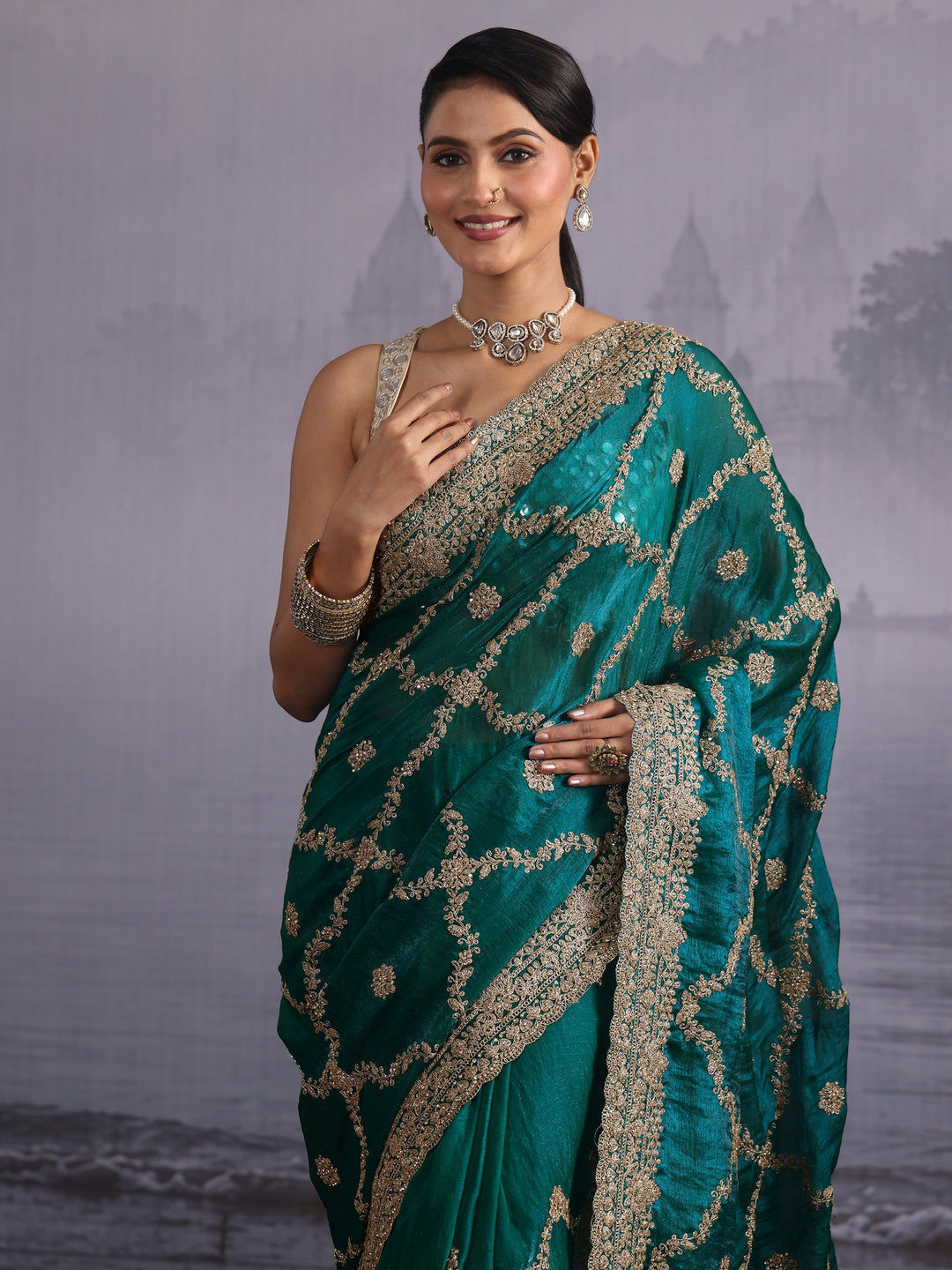  Libas Art Aqua Green Embroidered Tissue Saree 