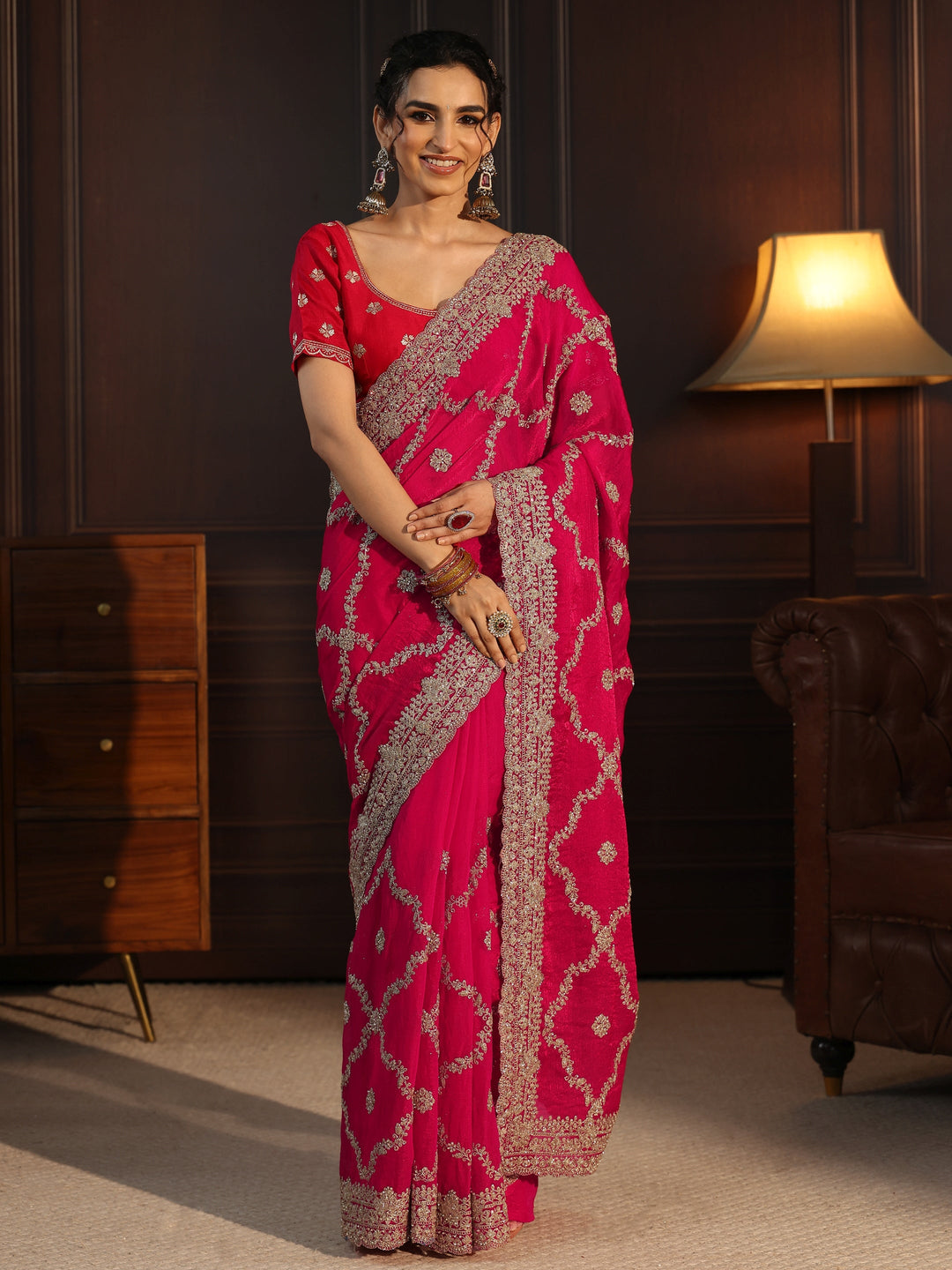  Libas Art Rani Pink Floral Zari Embroidered Tissue Saree 