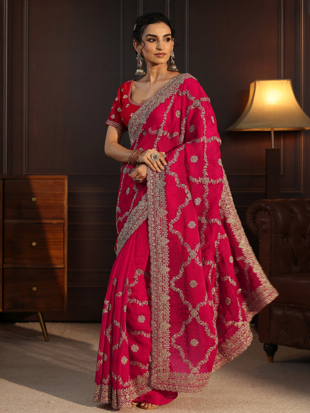  Libas Art Rani Pink Floral Zari Embroidered Tissue Saree 