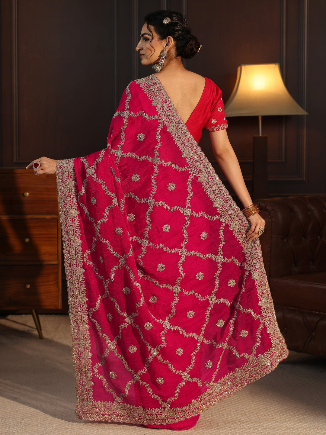  Libas Art Rani Pink Floral Zari Embroidered Tissue Saree 