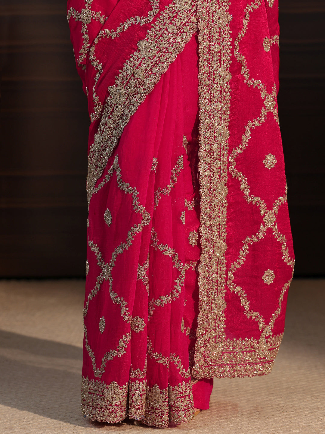  Libas Art Rani Pink Floral Zari Embroidered Tissue Saree 