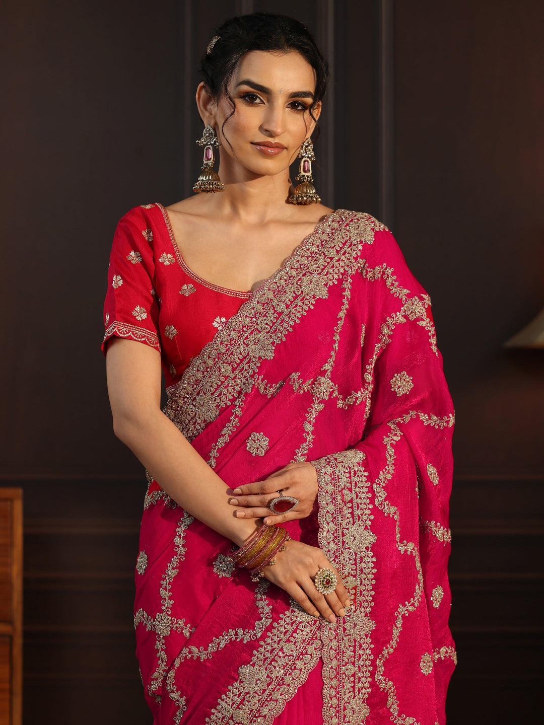  Libas Art Rani Pink Floral Zari Embroidered Tissue Saree 