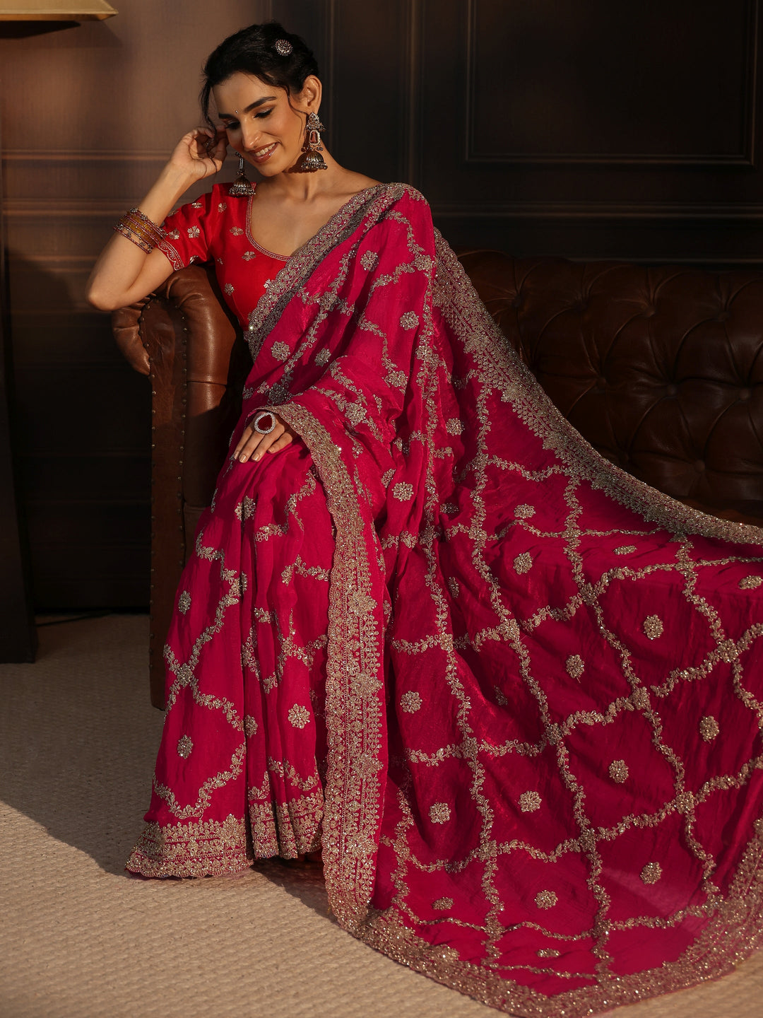  Libas Art Rani Pink Floral Zari Embroidered Tissue Saree 