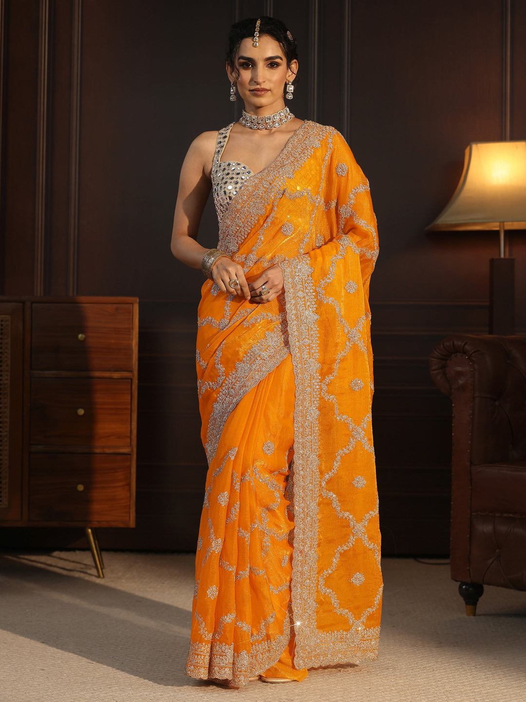  Libas Art Mustard Floral Zari Embroidered Tissue Saree 