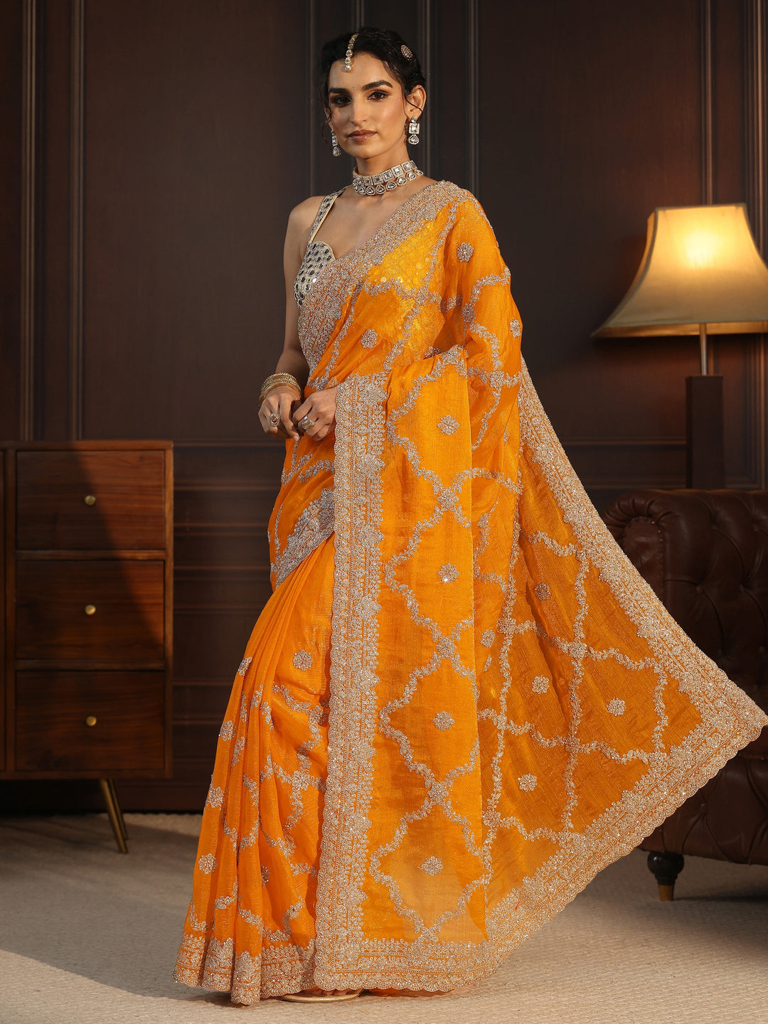  Libas Art Mustard Floral Zari Embroidered Tissue Saree 
