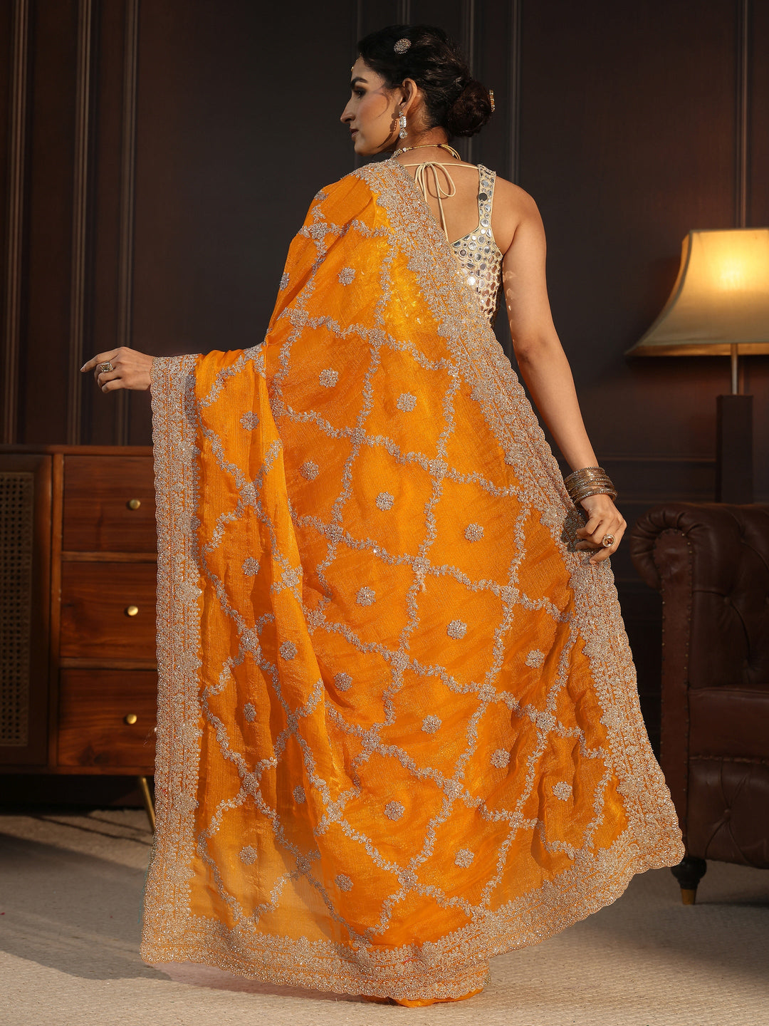  Libas Art Mustard Floral Zari Embroidered Tissue Saree 
