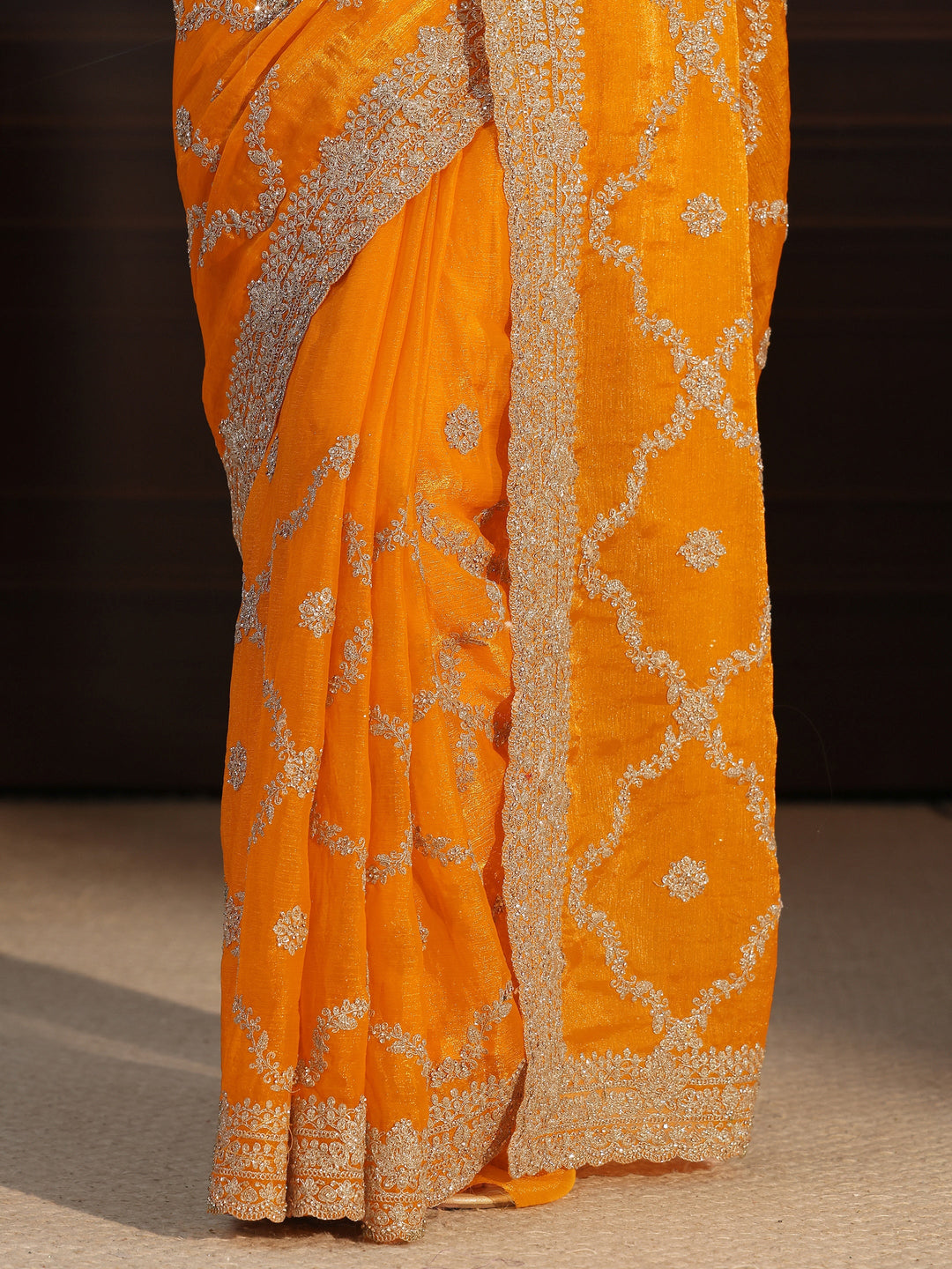  Libas Art Mustard Floral Zari Embroidered Tissue Saree 