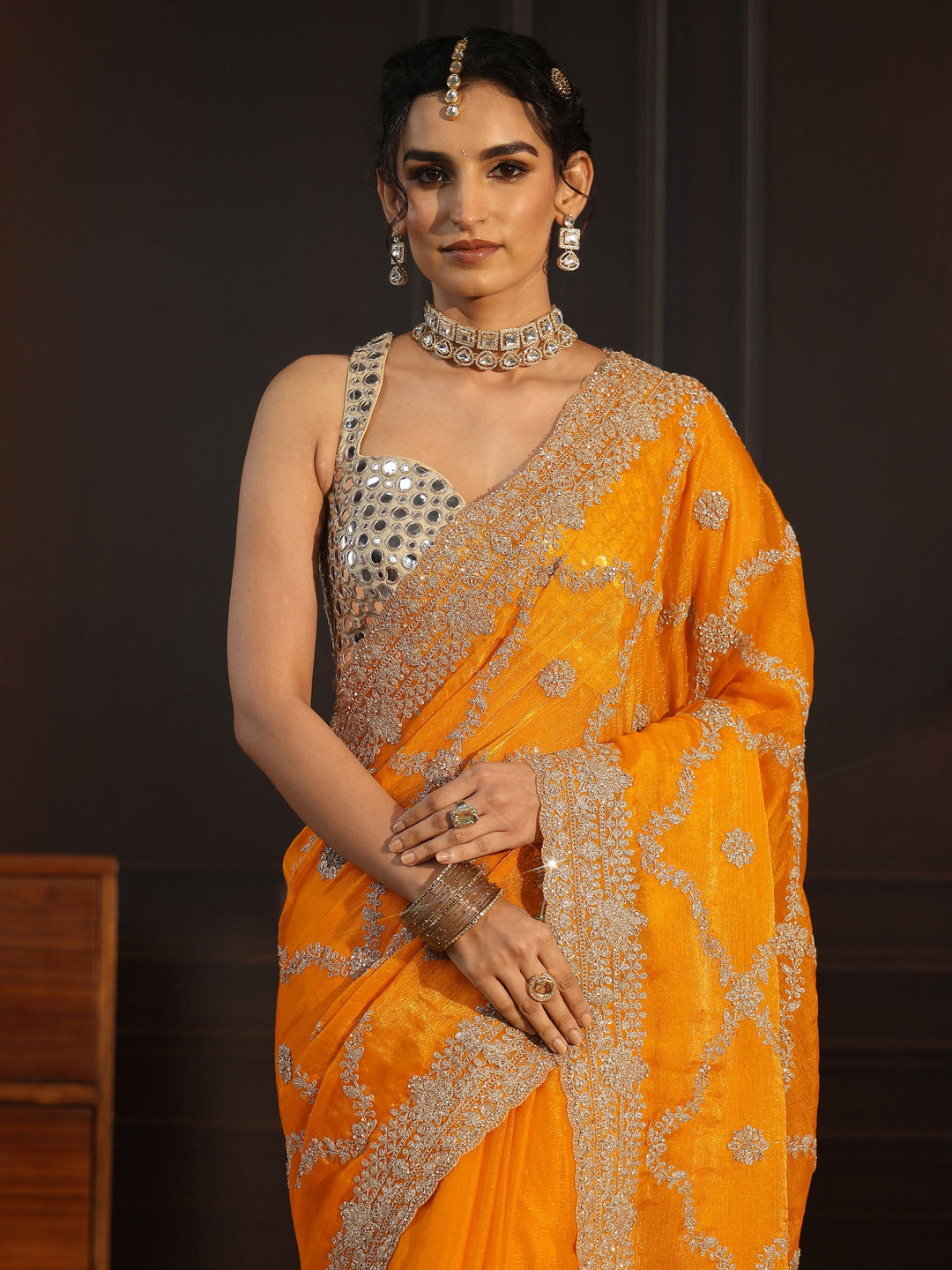  Libas Art Mustard Floral Zari Embroidered Tissue Saree 