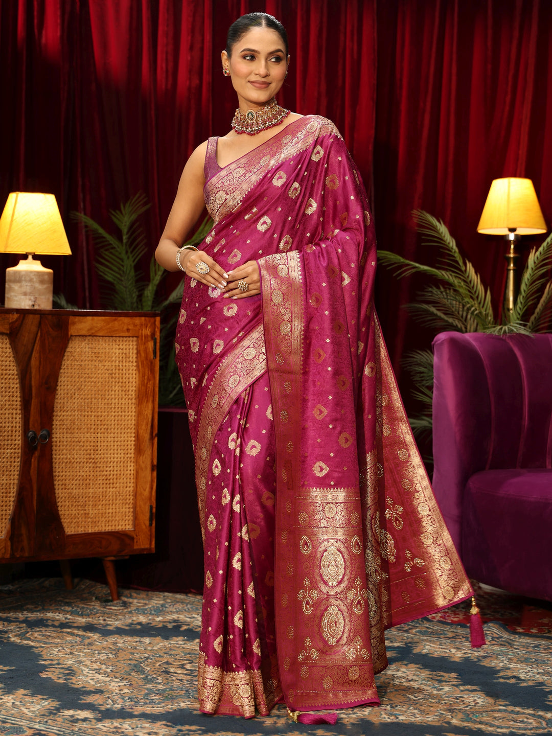  Libas Rani Pink Banarasi Silk Blend Saree with Embellished Pallu 