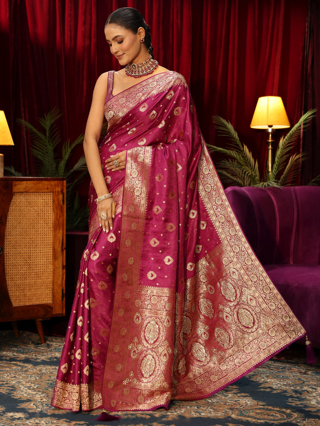  Libas Rani Pink Banarasi Silk Blend Saree with Embellished Pallu 