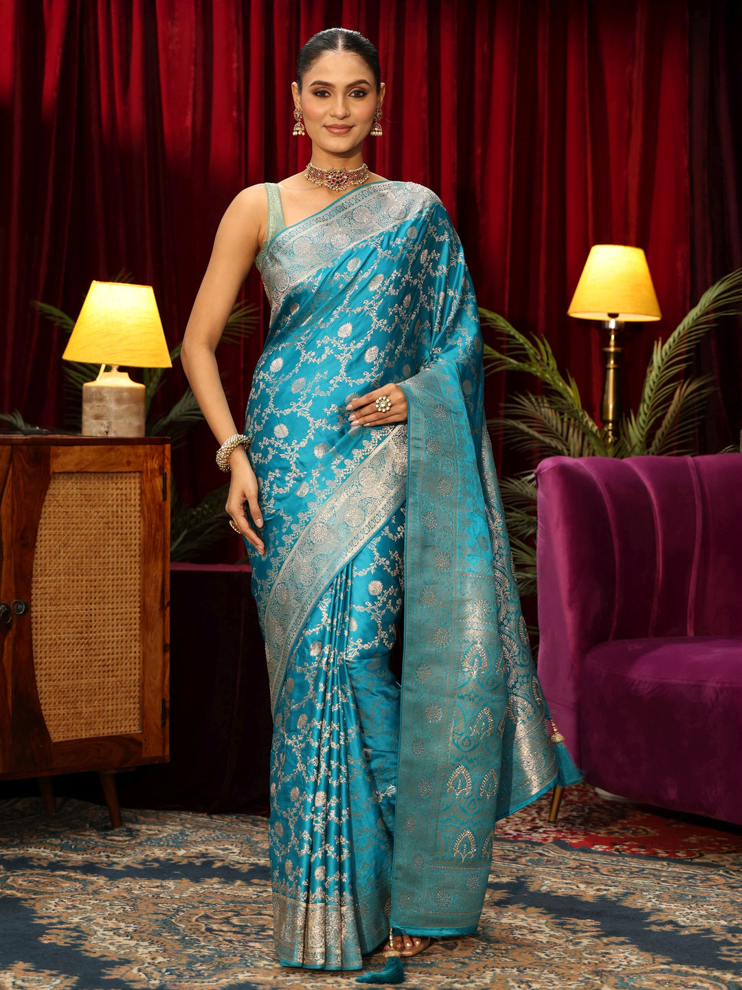  Libas Turquoise Blue Banarasi Silk Blend Saree 