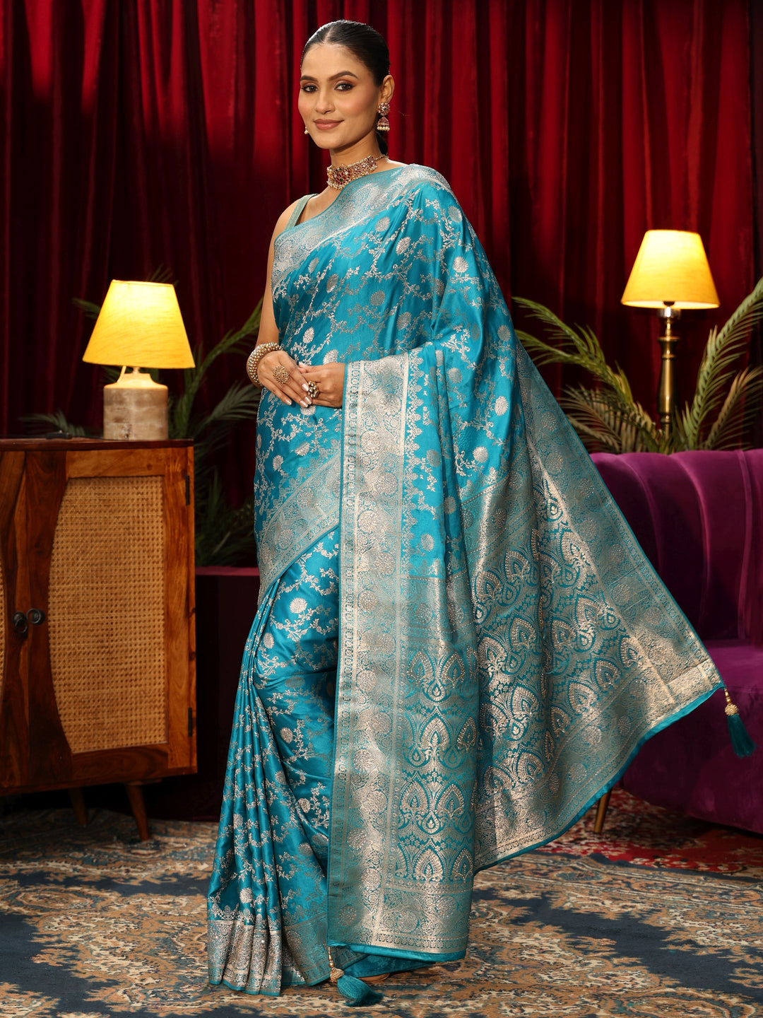  Libas Turquoise Blue Banarasi Silk Blend Saree 